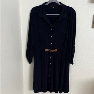 Royal Blue Long-Sleeve Button-Front Shirt Dress with Tan Accent Belt - Women